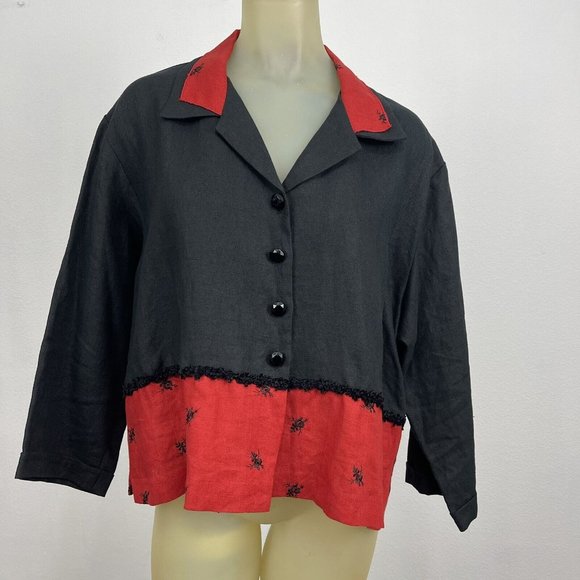 Taylor G. Dallas Texas Blouse top Women's XL 100% Linen red Black Vintage USA - Picture 2 of 5